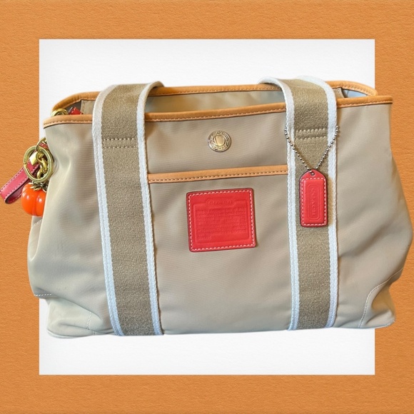 Authentic Coach Nylon Red Leather Trim Tote Bag Style 5656 Tan Shoulder Purse - Picture 2 of 16